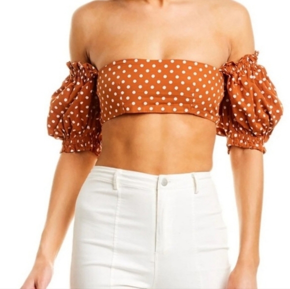 WeWoreWhat Polka Dot Coco Puff Sleeve Crop Top in Bran - Picture 1 of 16